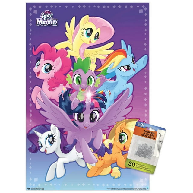 Hasbro My Little Pony Film - Affiche Murale d'Aventure, 14,725 Pouces x 22,375 Pouces, Représente des Personnages Colorés My Little Pony Incluant une Licorne Violette Ailée avec une Corne Lumineuse, un Poney Jaune Ailé avec une Crinière Arc-en-Ciel, un Poney Rose, une Licorne Blanche, un Poney orange avec un Chapeau, et un Petit dragon Vert et Violet sur un Fond Dégradé Violet avec une Bordure en Losanges, Imprimé sur du Papier Lustré, Convient à la Décoration Murale de Chambre d'Enfants Ou de Fête