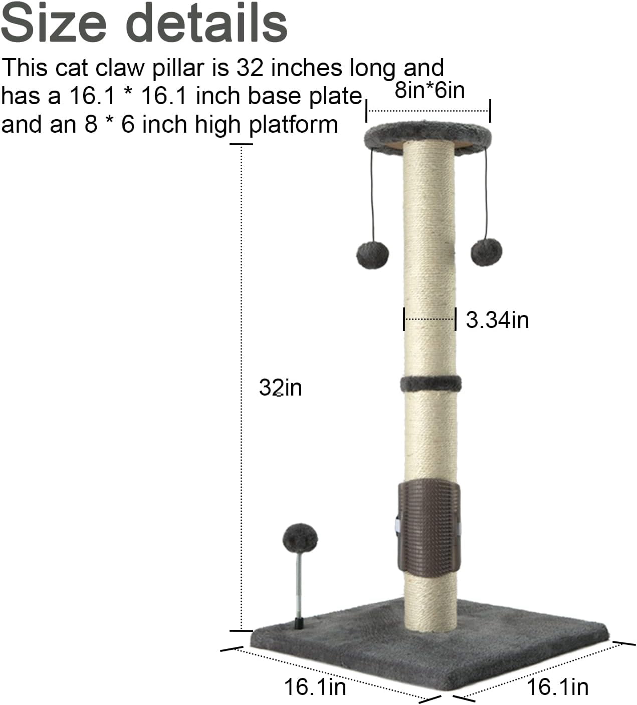 32" Tall Cat Scratching Post Sisal Scratch Posts with Hanging Ball and Self-Massage Brush Vertical Scratcher for Indoor Cats and Kittens(Light-Gray 32inches)