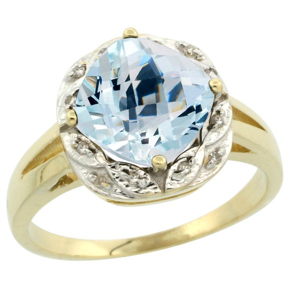 14K Yellow Gold Natural Aquamarine Ring Cushion-cut 8x8mm Diamond Halo, size 9