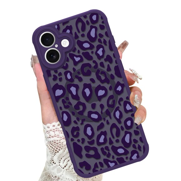 Funda KANGHAR para iPhone 16 con estampado de leopardo morado de 6.1 pulgadas y Magsafe