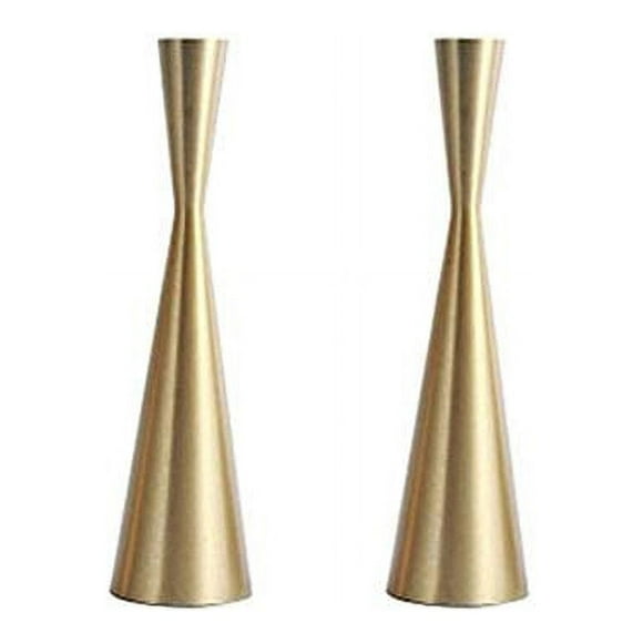 Pack 2 Brass Gold 9" Metal Taper Candlesticks Candleholder Vintage Mid-Century Modern Candlestick Home Cabin Lodge Table Mantel Wedding Centerpiece Candle Holders (Brass Golden, Pack of 2 Medium 9")