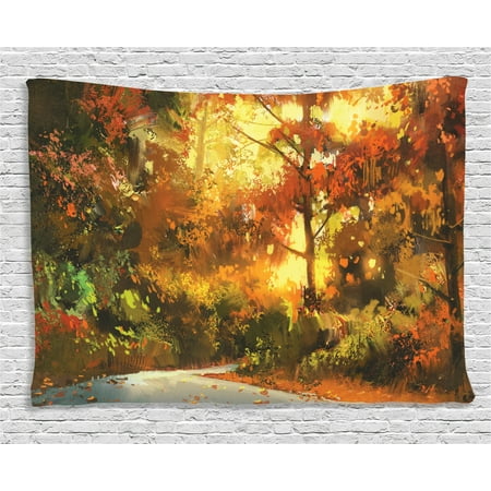 Orange Leaf Hours Of Operation Fantasy Art House Decor Tapestry, Pathway in Autumn Forest with Shady Leaf of Deciduous Trees View, Wall Hanging for Bedroom Living Room Dorm Decor, 60W X 40L Inches, Orange Yellow, by Ambesonne ()
