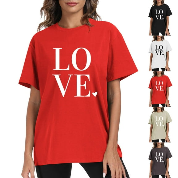 Otvok Womens Summer Pure Cotton Short Sleeved T-Shirt Valentine'S Day Love Printed Sports Tops