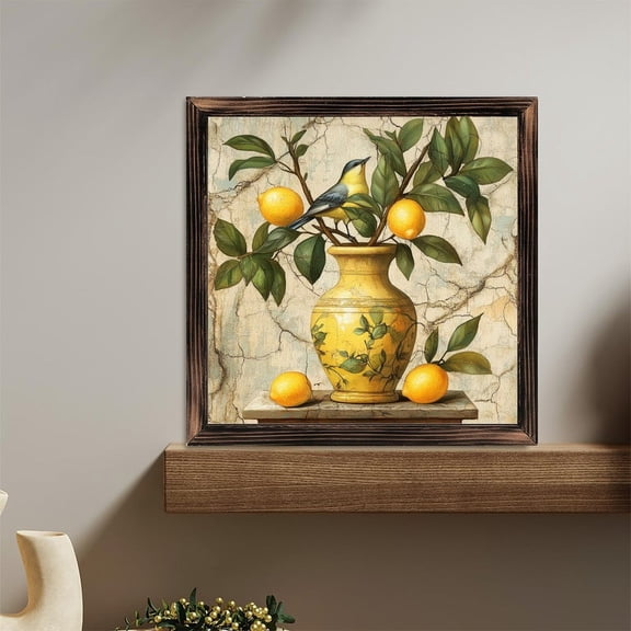 Lemons Bird Vase Artwork Wooden Sign Wall Plaque - Vintage Art Decoration, Wall Decoration - Ideal Gift For Home Decoration, Living Room, Bathroom, Bedroom, Garden, Dining, Bar, Cafe, Festival Part