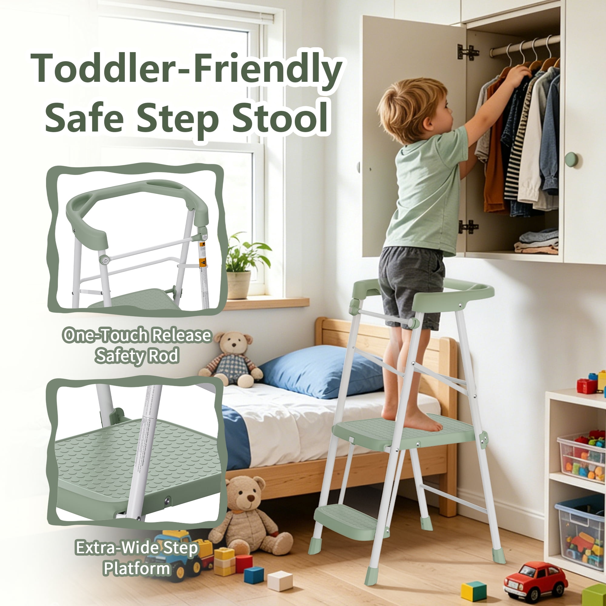 LevLad Toddler Kitchen Step Stool Helper for Kids, Foldable Learning Standing Tower for Kitchen Counter, Bathroom Sink, Green