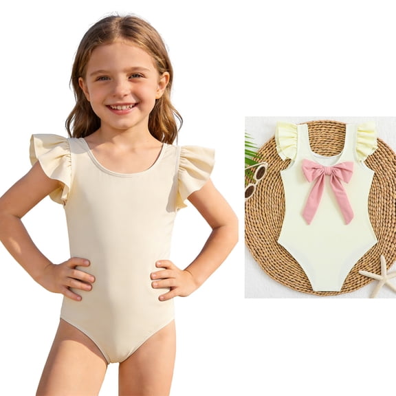 Girls Swimsuits Ruffled Swimsuit with Back Bow Desgin Girls 1 Piece Swimsuit Girls 5-6 Years Bathing Suits
