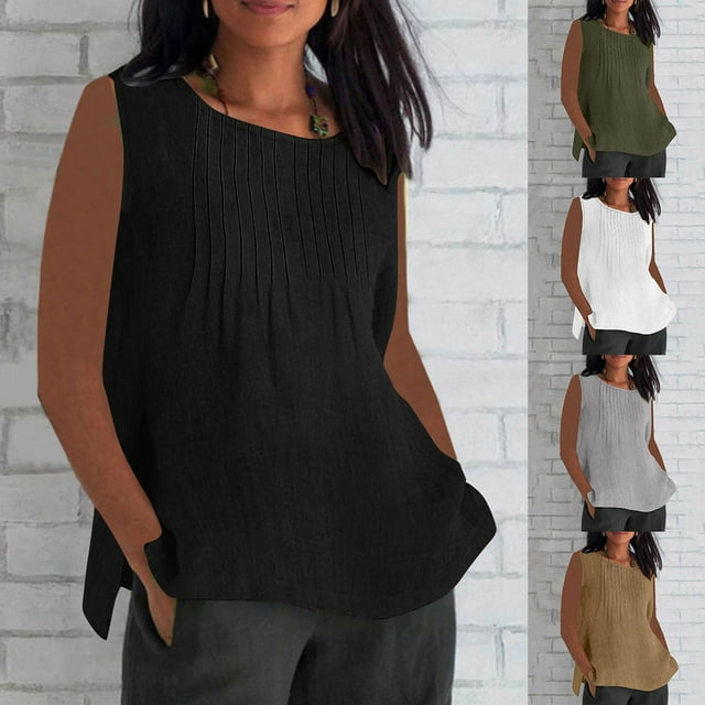 Eryao Offres de Vacances Débardeurs en Lin d'Été pour Femmes Chemises Sans Manches à Col Rond Plissé Tendance Débardeurs Basiques Unis Décontractés, Vert Armée, TTTTG