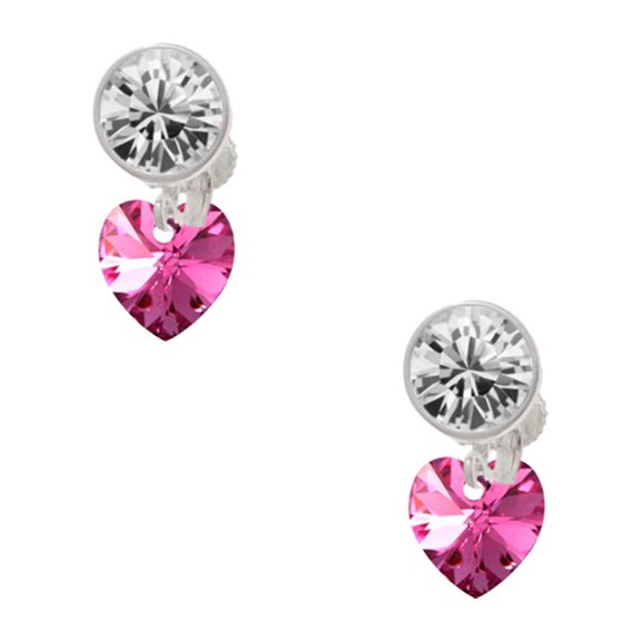 Hot Pink Crystal Heart Clear Crystal Clip On Earrings