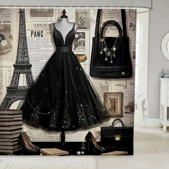 Black Girly Dress Shower Curtain Eiffel Tower Paris Style Bath Curtain Romantic Makeup Themed Bathroom Decor Women Girls Black High Heels Print Waterproof Curtain Fashion Dress Curtain,72" W x 72" L