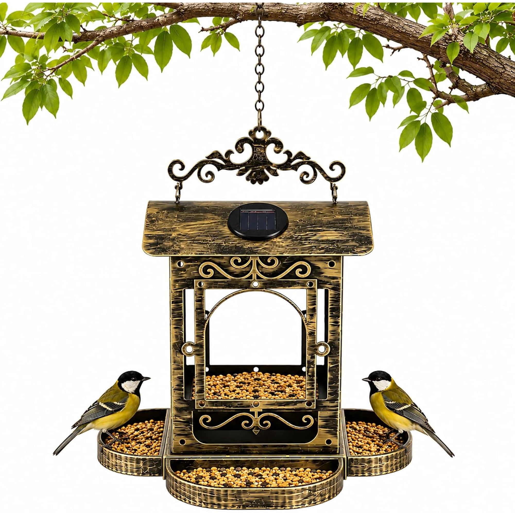 Solar Bird Feeder for Outdoors Hanging, Metal Bird Feeders for Outdoors with Solar Light, Large Capacity Hopper Bird Feeder Hanging for Garden, Yard, Patio, Outdoor Decor
