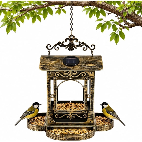 Solar Bird Feeder for Outdoors Hanging, Metal Bird Feeders for Outdoors with Solar Light, Large Capacity Hopper Bird Feeder Hanging for Garden, Yard, Patio, Outdoor Decor