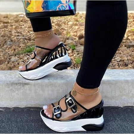 

MRULIC slippers for women Casual Womens Open Toe Beach Shoe Buckle Straps Platform Sandals Wedges Slippers house slippers for women Black + US:9