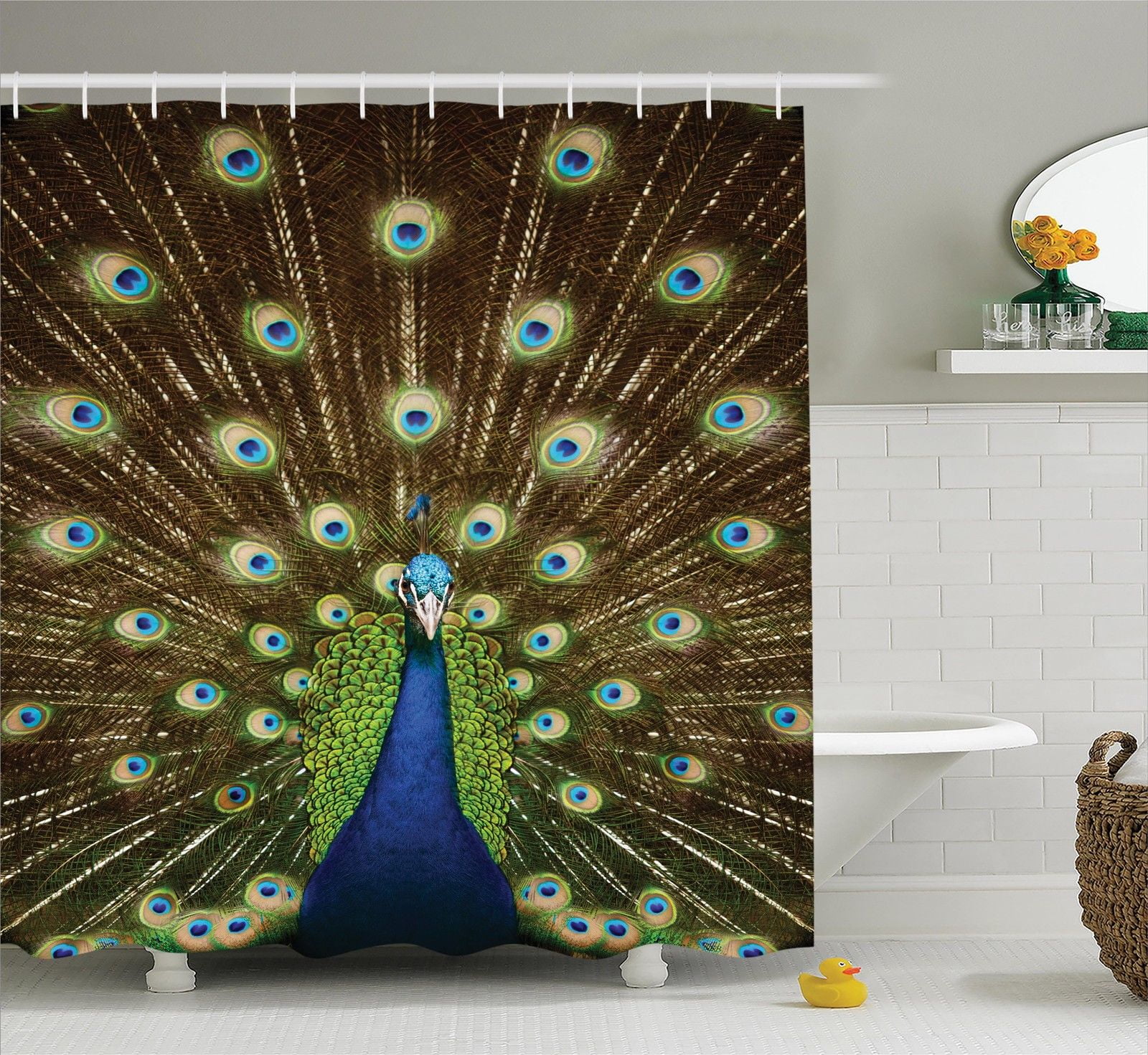 Peacock Decor Shower Curtain Set, Portrait Of Peacock With Feathers Out
