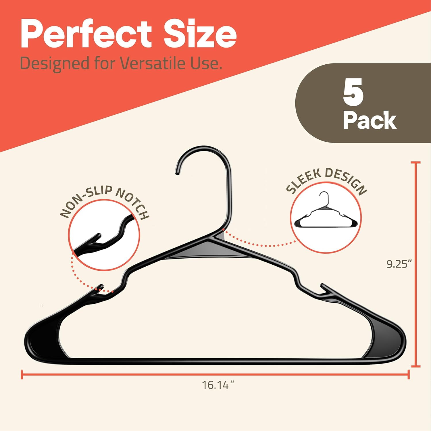 Black Plastic hangers 5 Pack– Heavy-Duty Plastic Hangers Slim and Space-Saving Hangers, Durable & Lightweight PP Hangers with Non-Slip Shoulder Notches for Slip Dresses, Suits, Jackets & Camisoles