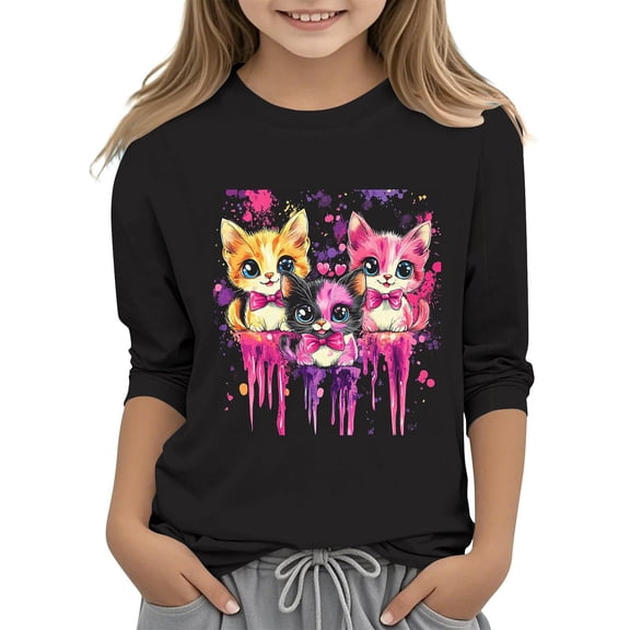 Girls Cute Cat Long Sleeve Graphic Tee | Kids Kids Black Shirt with Graffiti Drip Paint | Soft Stretch Play Top,Size 9 T