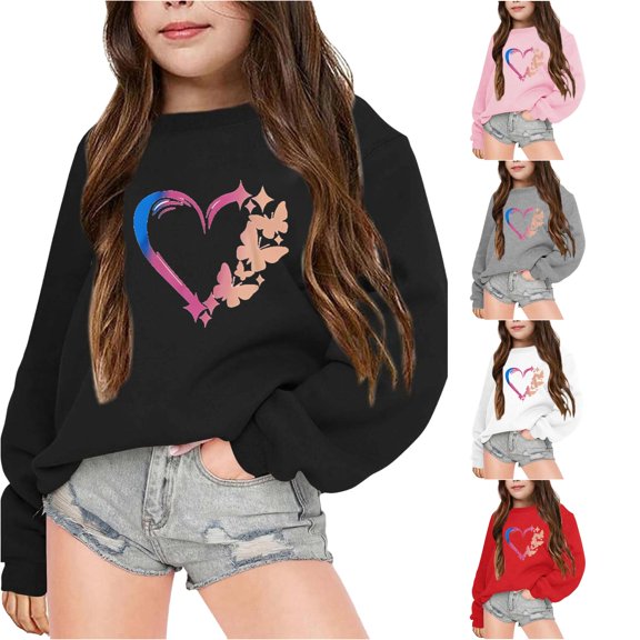 SONXAHE Toddler Girl's Sweatshirt Butterfly Heart Graphic Crewneck Long Sleeve Sweatshirts Daily School Tops,Black
