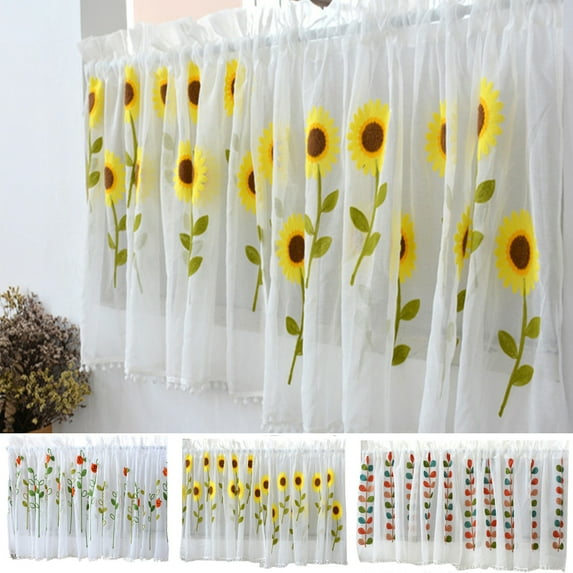Cheers.US Sunflower Sheer Princess Style Sunflower Short Curtain Cafe Curtains Kitchen Window Curtain Drapes Elegant Door Divider Sheer Voile Sheer Valances 1 Panel