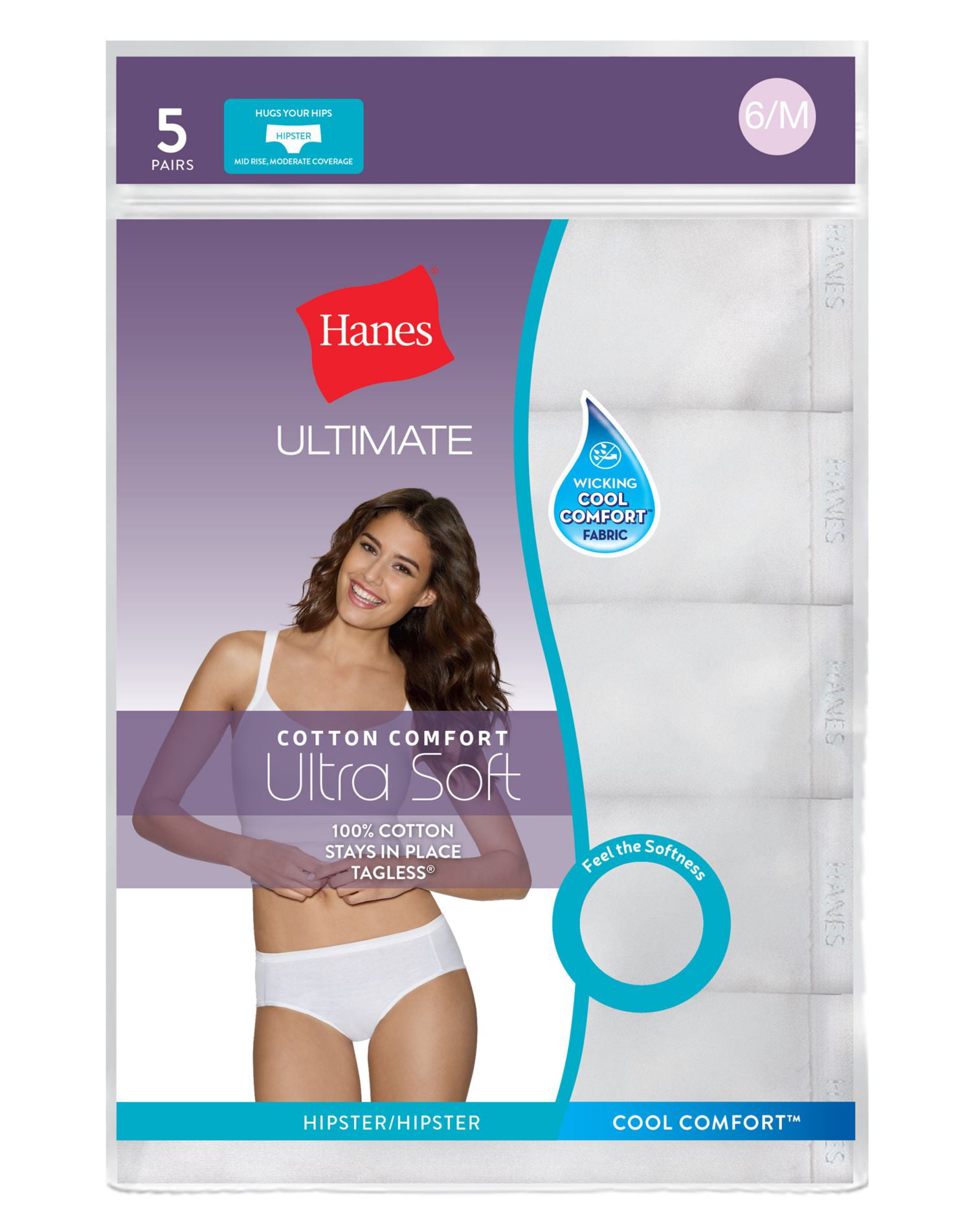 Hanes Ultimate Cotton Comfort 5-Pk Hipster Moderate Coverage Womens Panties  6/M