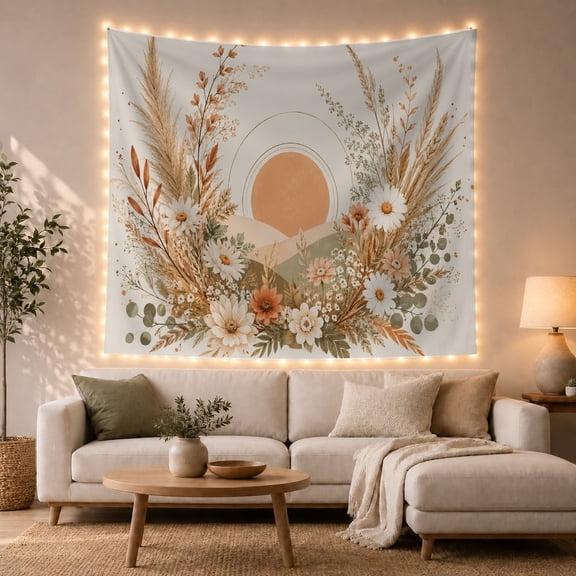Pampas Grass and Wildflowers Against a Sunset in Hills, Dreamy Boho for Nature Lovers, Botanical Wall Decor, Housewarming Gift, Tapestry Wall Hanging for Living Room and Dorm