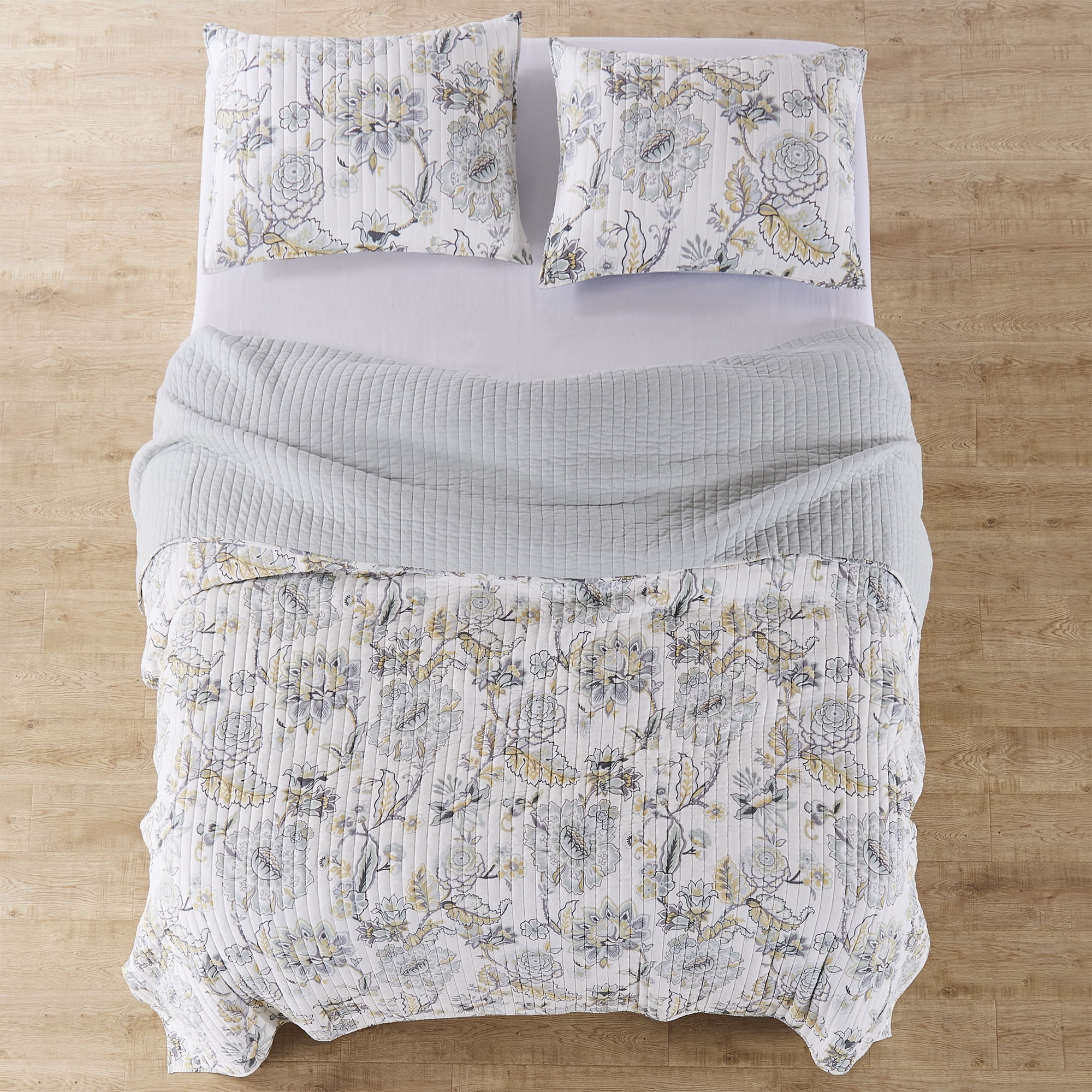 Levtex Home - Ophelia Spa Quilt Set - Twin Quilt and One Standard Sham - Floral - Spa Grey Cream Ochre - Quilt (68x86in.) and Sham (20x26in.) - Reversible - Rayon/Cotton