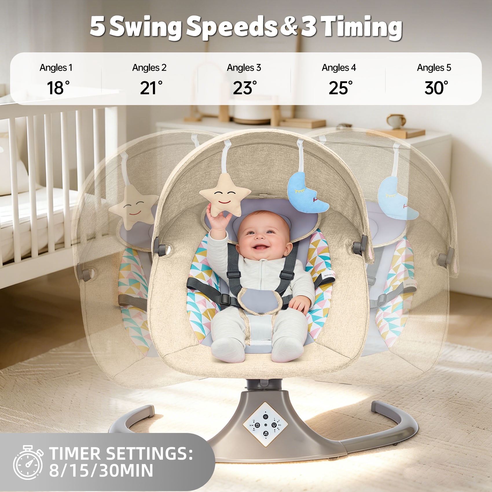 Electric Baby Swing, Caveen Infant Swing Rocker with Remote Control, 5 Sway Speeds, Bluetooth Music, Grey