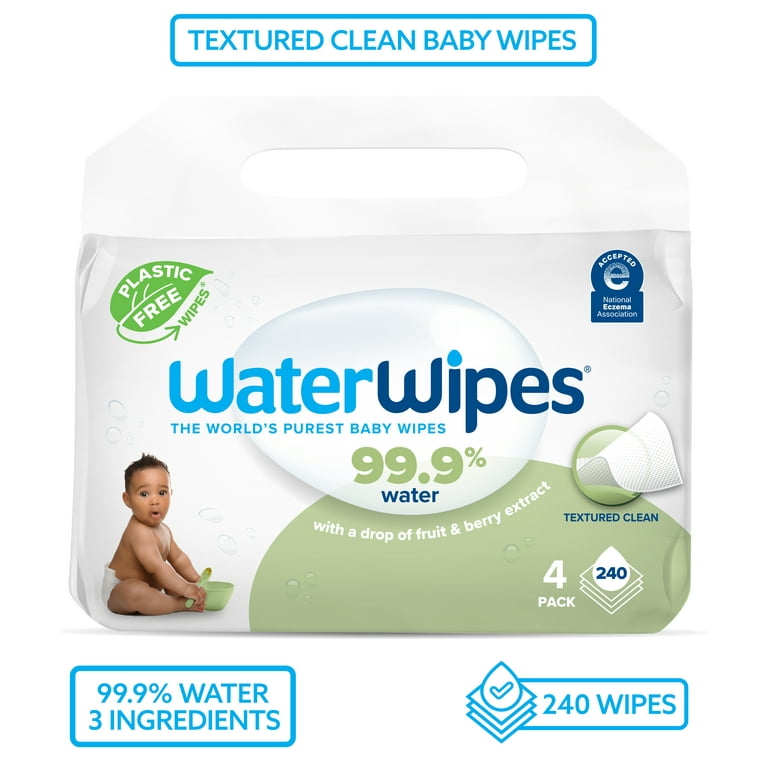 WaterWipes Plastic-Free Textured Clean, Toddler & Baby Wipes, 99.9% Water  Based Wipes, Fragrance-Free, 240 Count (4 Packs) 