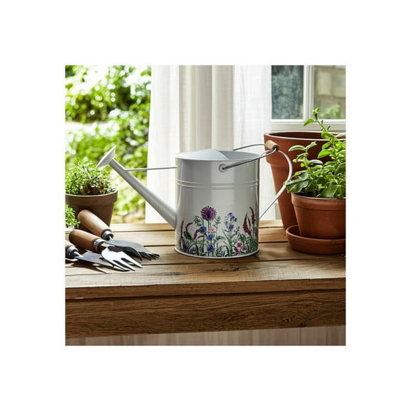 Watering Can Metal with Wooden Handle Floral Design for Indoor Outdoor Home Garden Use - 10" Multi