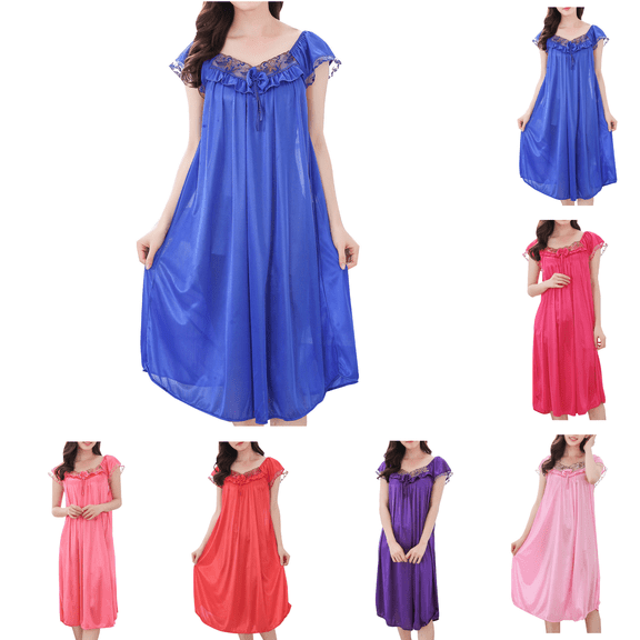 Utoimkio Silky Nightgowns for Women Summer Soft Nightdress Plus Size Loose Short Sleeve Pajama Dress Lounge Sleepwear Size L-XXL