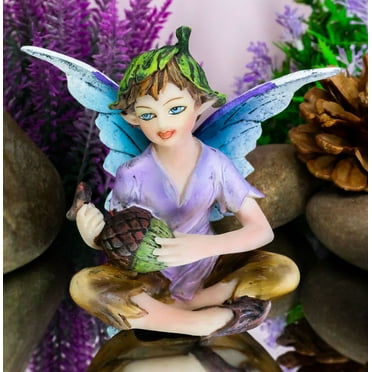 Sitting Boy Fairy Garden Figurine With Giant Acorn Mythical Sprite Sculpture 3"H