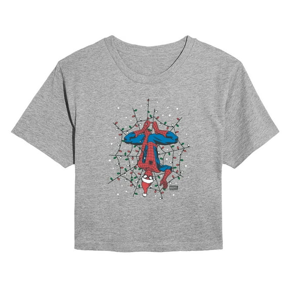 Marvel - Holiday Lights Spider Man - Juniors Cropped Short Sleeve Graphic T-Shirt