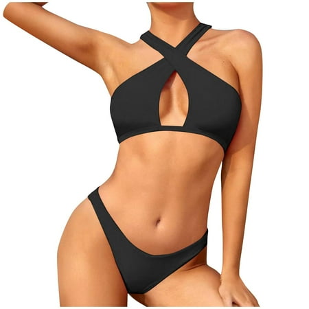 Lopeceal Women s High Waisted Bikini Sets Sexy Cutout Crossover Halter Neck Swimsuits Cheeky 2 Piece Bathing Suits
