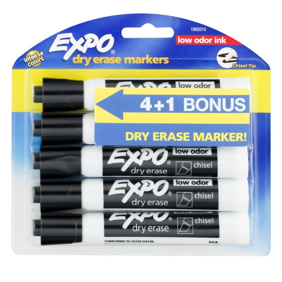 Expo Dry Erase Markers, Chisel Tip, Low Odor Ink, Black Ink, 4 1 Bonus Pack