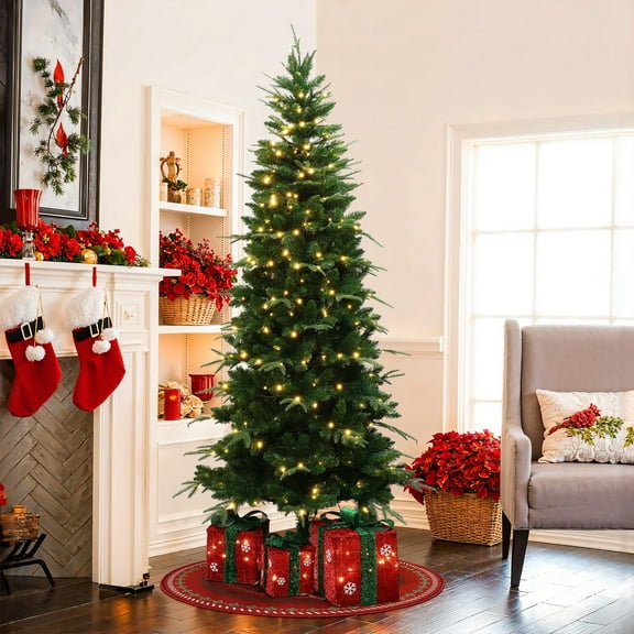 LuxenHome 7Ft Pre-Lit Green Slim Artificial Christmas Tree with 8 Light Functions