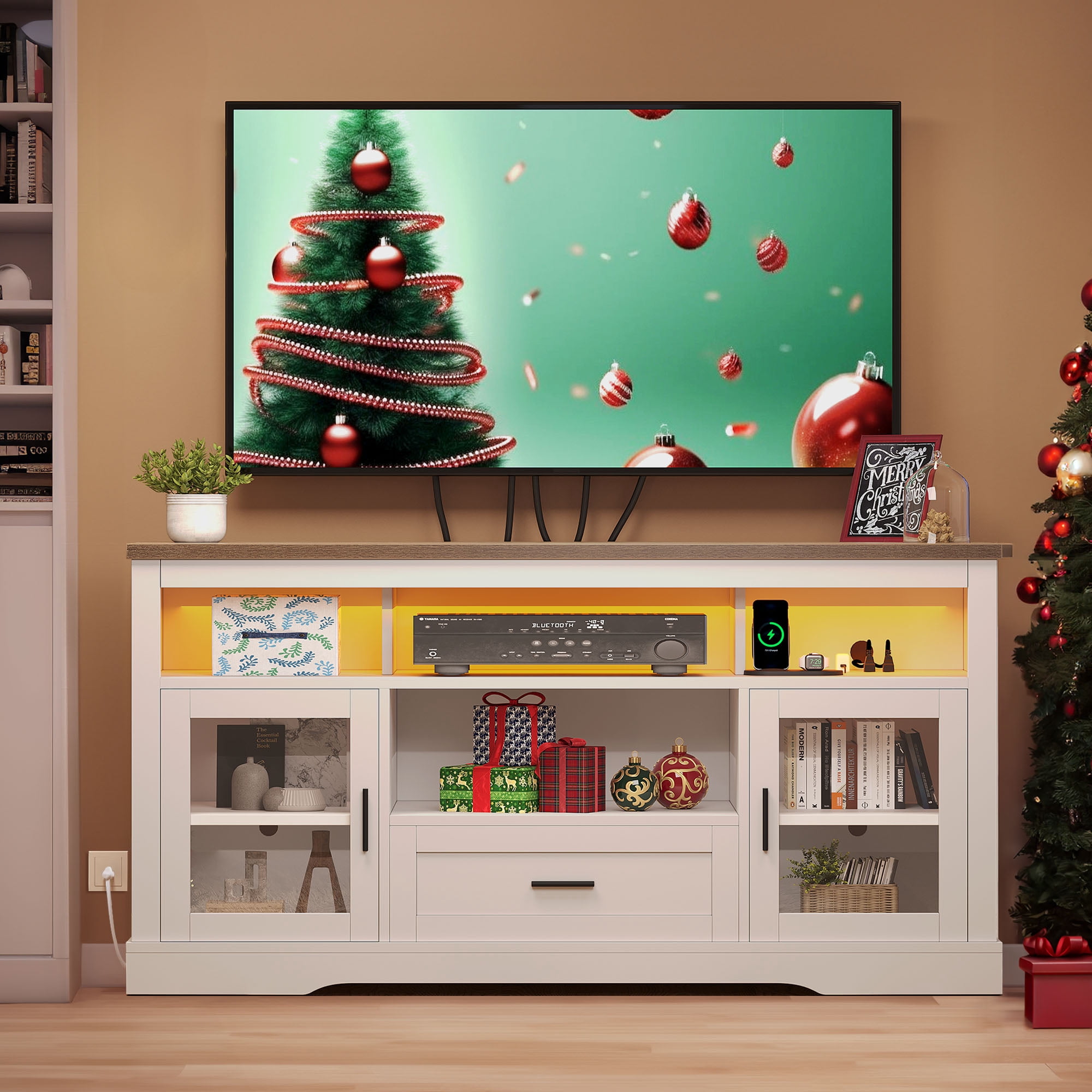 Dextrus LED TV Stand for TV up to 65", Highboy Entertainment Center w/Outlets & USB Ports, White