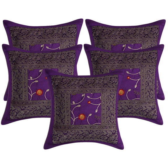 Stylo Culture Indian Chair Seat Throw Pillow Covers Embroidered 16x16 Brocade Patchwork Purple Traditional 40x40 cm Lounge Decor Polydupion Floral Square Cushion Covers | Set Of 5