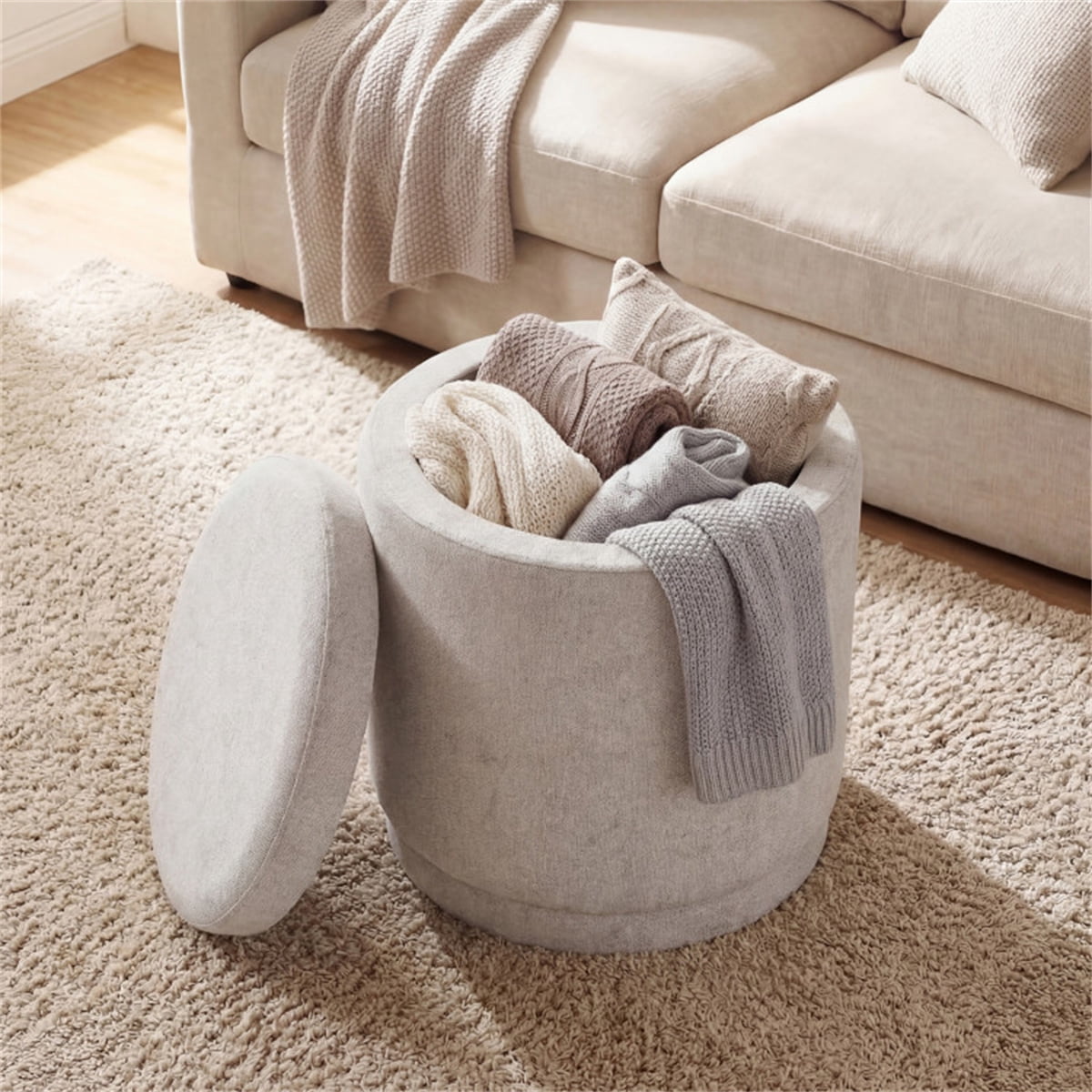 18 Inch Beige Storage Ottoman Foot Rest Acacia Wood Frame