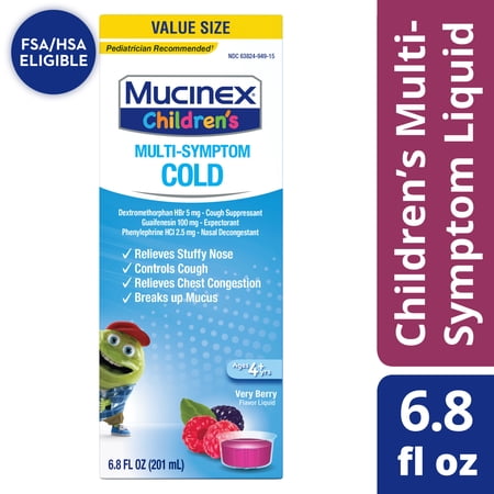 Cough Suppresent, Chest Congestion and Stuffy Nose Relief, Mucinex Children's Multi-Symptom Cold Liquid, 6.8 Fluid Ounce, Very Berry, Dextromethorphan, Guaifenesin, Phenylephrine