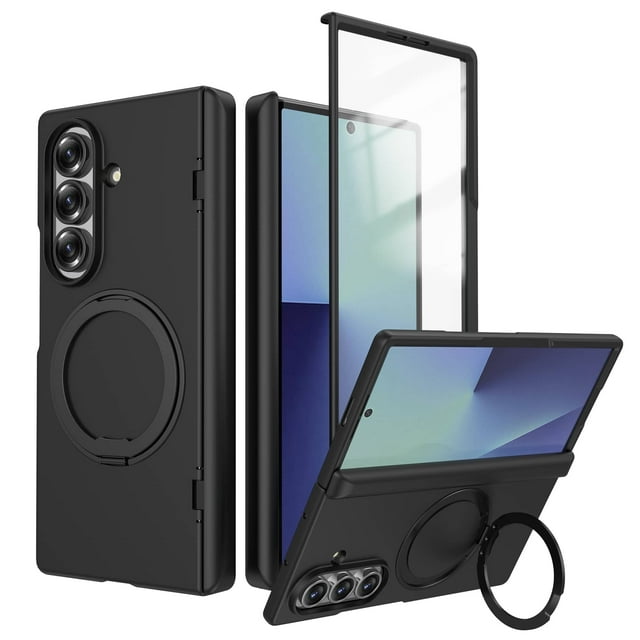 Magnetic Case for Samsung Galaxy Z Fold 7 with 360 Kickstand & Ring Holder - Full-Body Shockproof Protective Cover with Built-in Screen Protector & Hinge Protection, Slim Fit