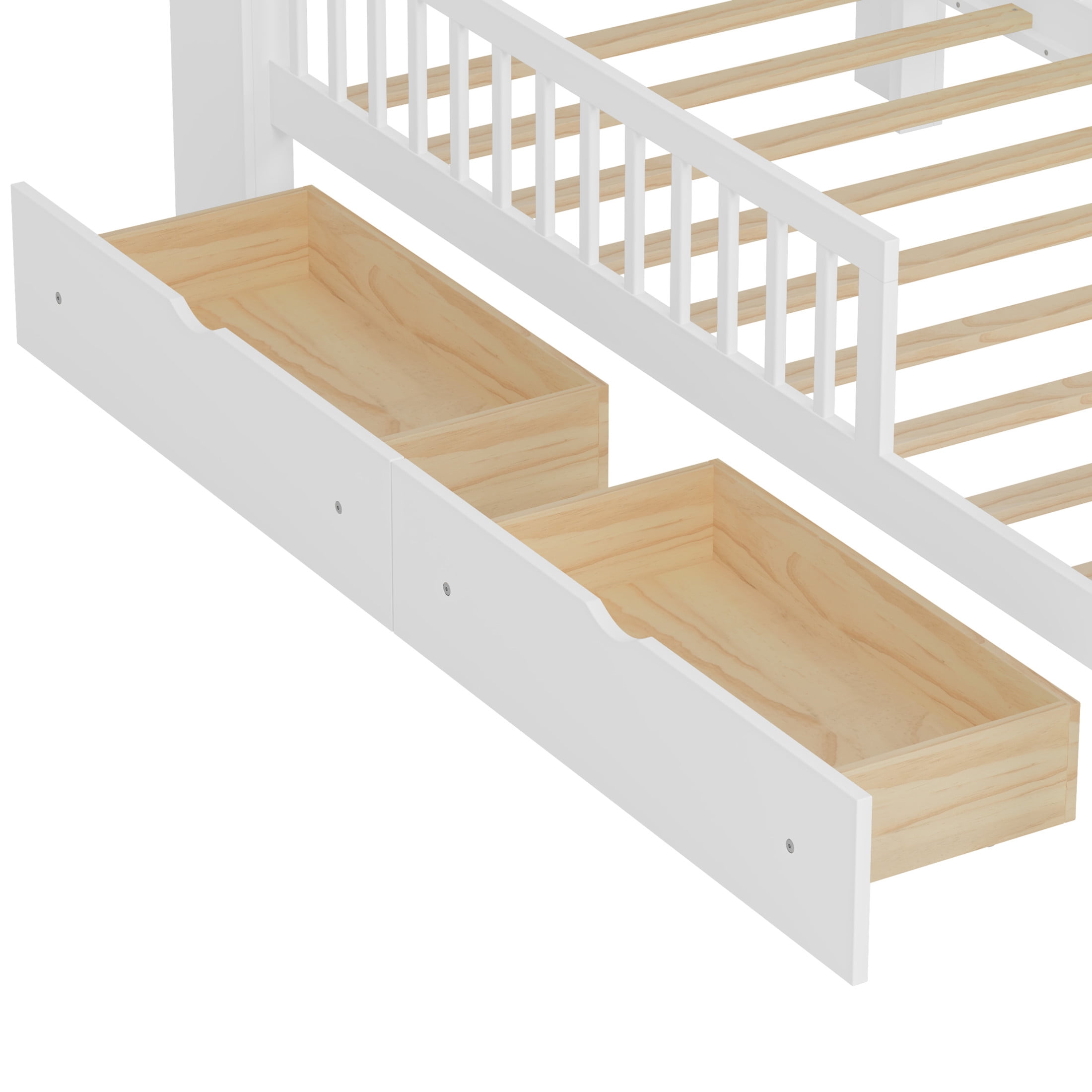 Noble House Twin Bed Frame with Headboard Storage Rack, 2 Drawers, and Safety Guardrails, White