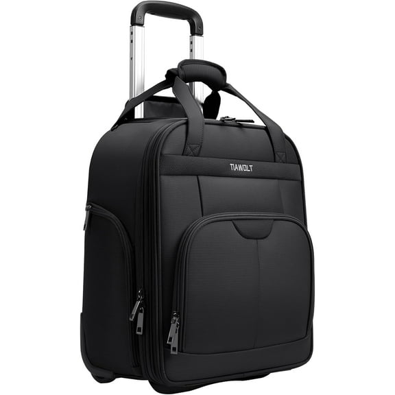 TIAWOLT Multi-functional 16-Inch Underseat Carry on Luggage With Wheels Softside Lightweight Compact Travel Business Suitcase bag for Pilots and Crew,Black