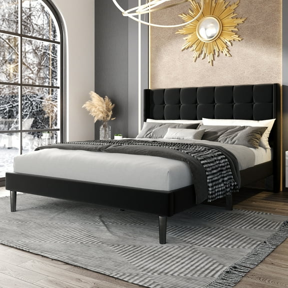 Unizone Queen Size Bed Frame with Upholstered Headboard and Wingback, Modern Platform Bed Frame, No Box Spring Needed, Easy Assembly, Noise Free, Black Velet