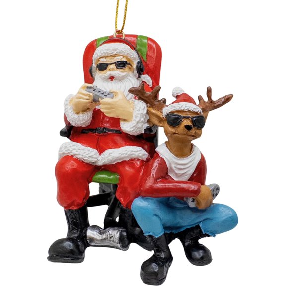 Gamer Santa Claus in Gaming Chair with Reindeer Playing Video Game Christmas Tree Ornament