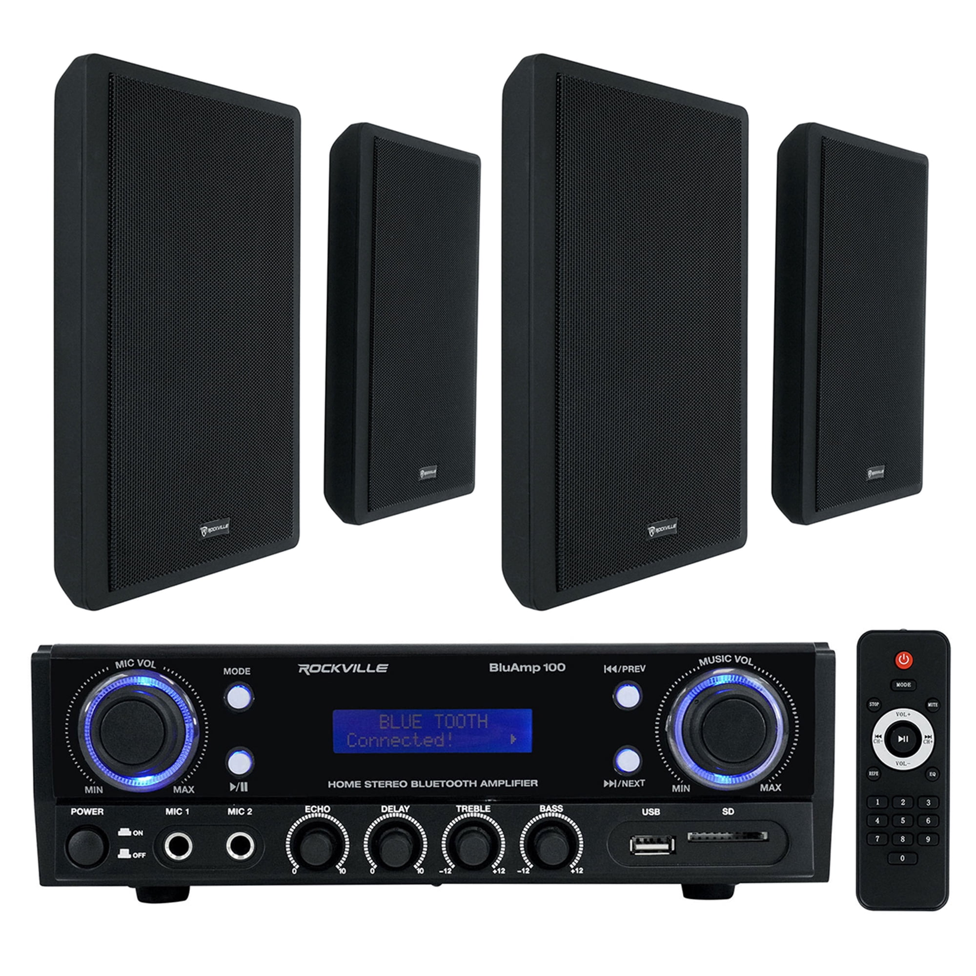 Rockville BLUAMP 100 Home Stereo Receiver Amplifier+4) Black Wall Mount Speakers