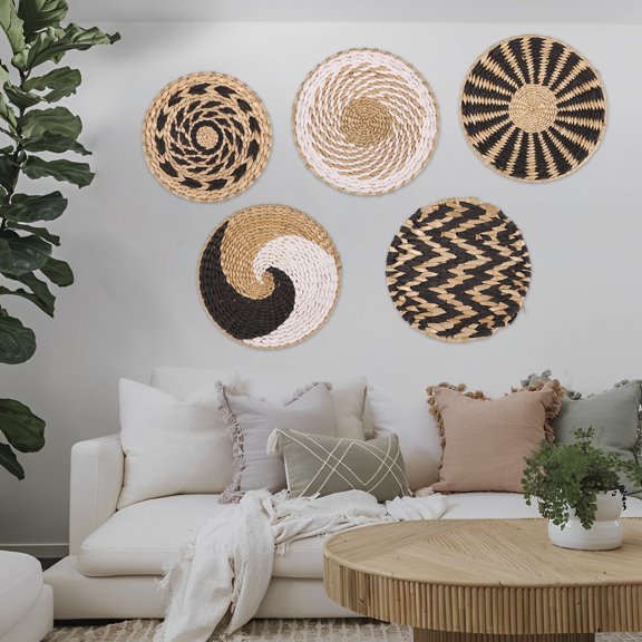 Pcapzz 5Pcs Wall Basket Decor Set Woven Rattan Baskets Wall Hanging Decor Handmade Wall Art Natural Basket Wall Decor Farmhouse and Rustic Wall Decor Serving Tray Art for Bedroom Living Room