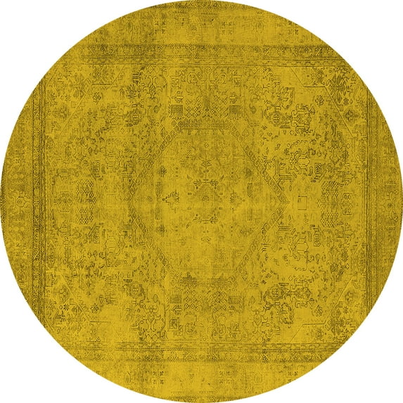 Ahgly Company Machine Washable Indoor Round Oriental Yellow Industrial Area Rugs, 7' Round