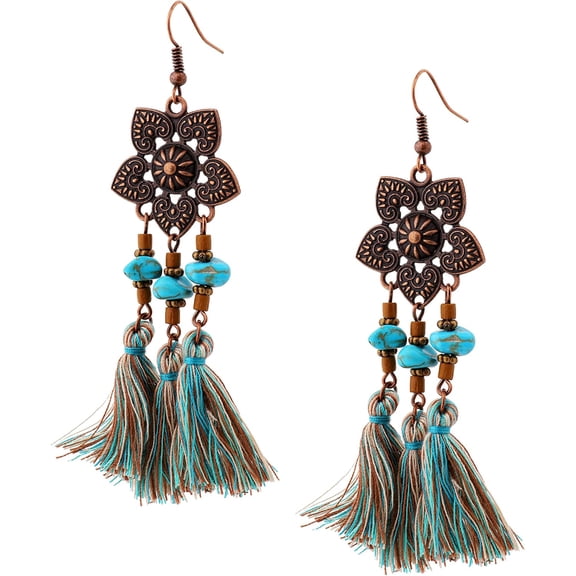 Boho Vintage Ethnic Flower Created Turquoise Bead Tassel Pendant Earrings, Bohemian Hippie Jewelry Gift for Women