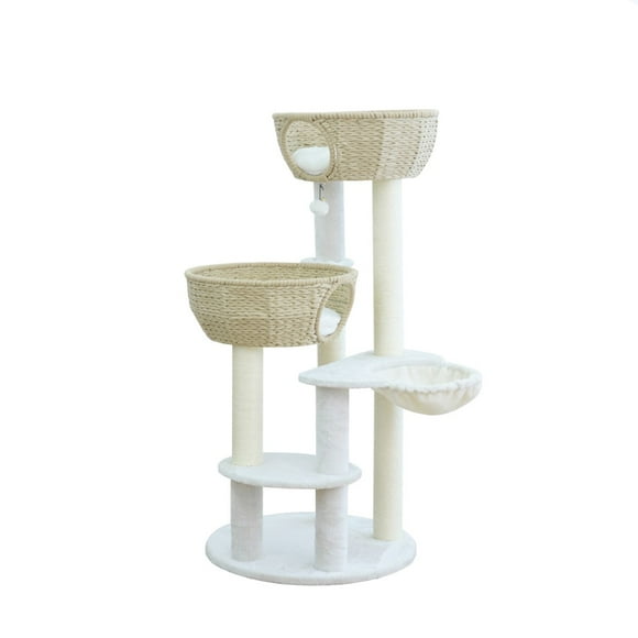 Home4Cat arbre à chat de 48,4 po à 5 niveaux avec paniers tressés à la main, poteaux à gratter en sisal naturel et un jouet stimulant, beige