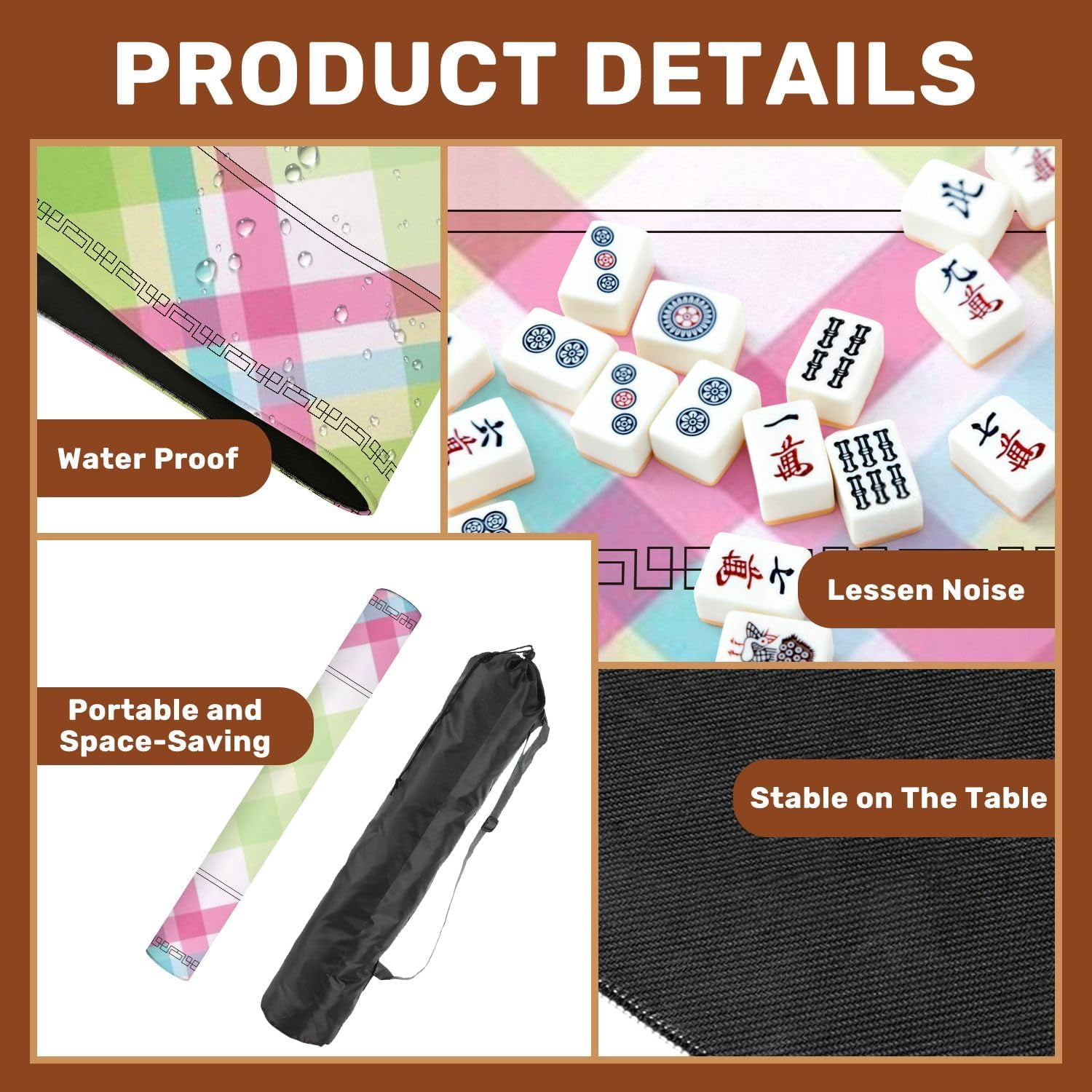 Mahjong Mat 31.5" x 31.5" Pastel Plaid Green Pink Blue Diagonal Stripes Non-Slip Noise Reduction Mahjong Tiles Table Cover for Dominoes Poker Card Board and Tile Games