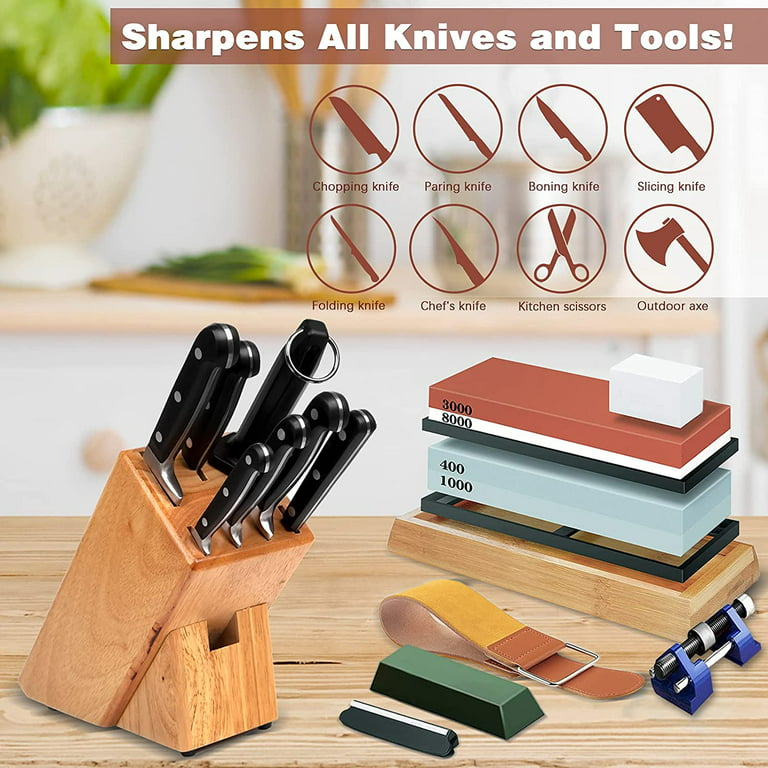 Weswose 11-Piece Knife Sharpening Stone Set - 4-Side Grit 400/1000 3000/8000 - Professional Whetstone Kit with Bamboo Base, Leather Strop, Polishing