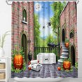 thumbnail image 1 of Charming Halloween Shower Curtain with Brick Building, Spiders & Pumpkins, 1 of 5